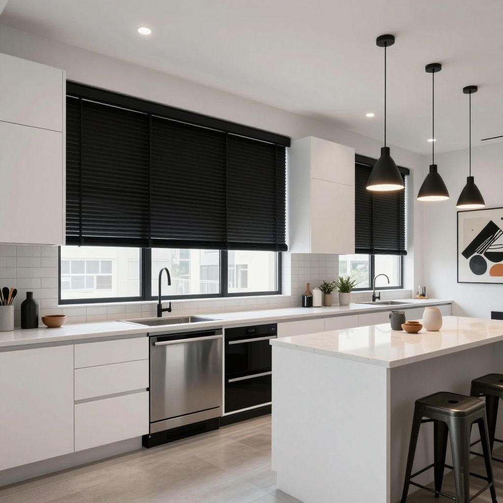 Black blinds for bold contrast in a contemporary kitchen