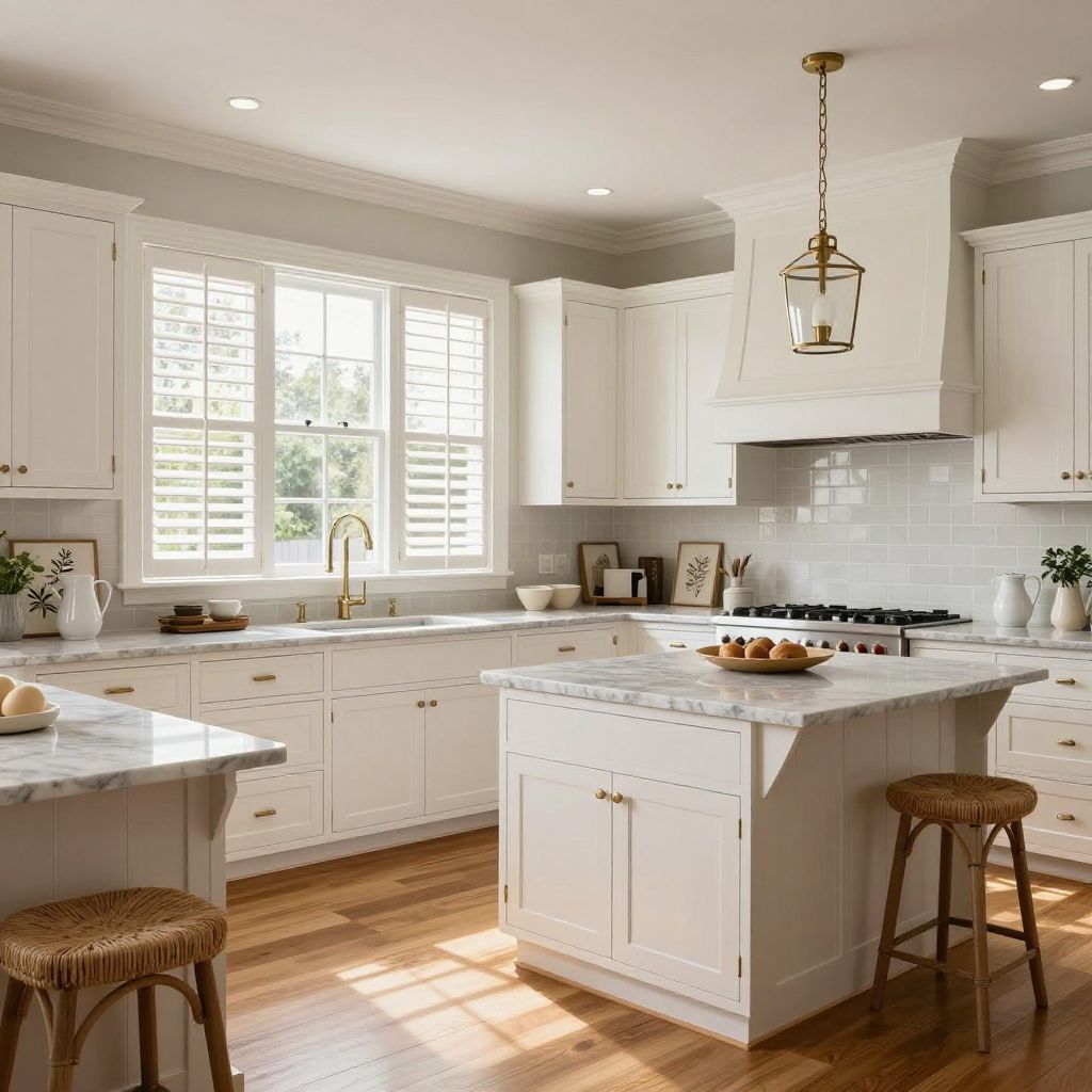 White wooden shutters for a bright classic kitchen