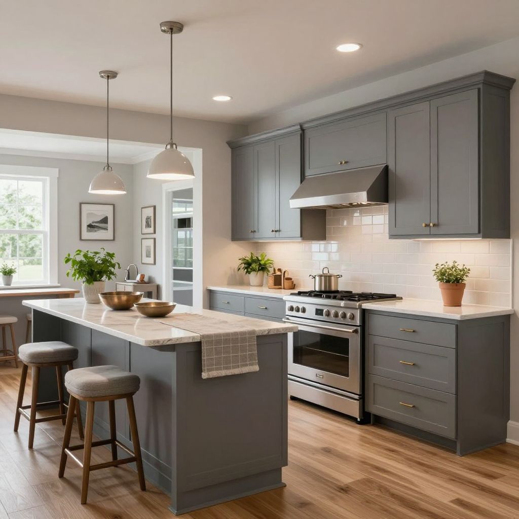 Gray blinds for a soft transitional kitchen