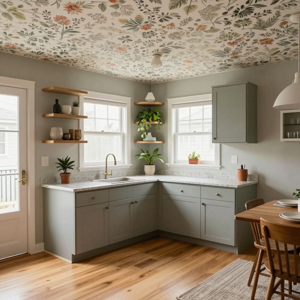 Wallpapered ceiling panels kitchen idea