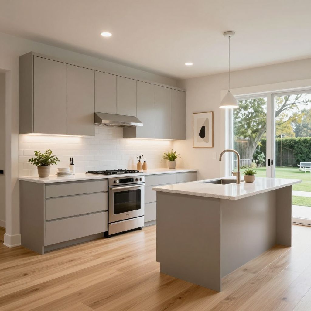 Clean drywall with layered lighting kitchen idea