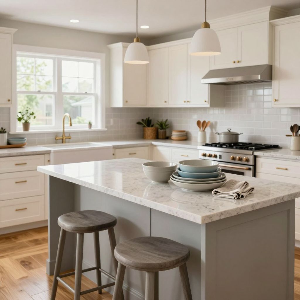 Kitchen island centerpiece idea with mixing bowls in neutral tones