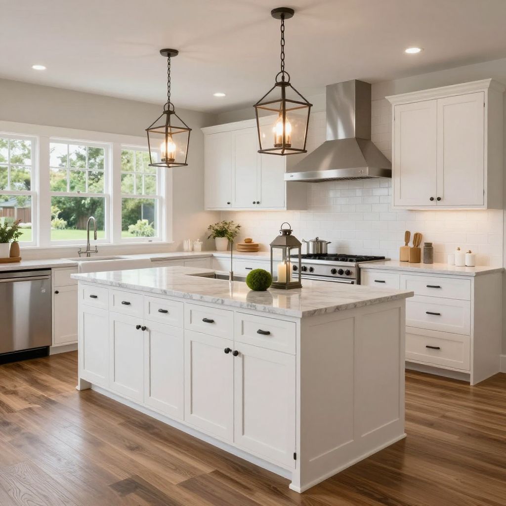 Kitchen island centerpiece idea with a lantern and moss accent