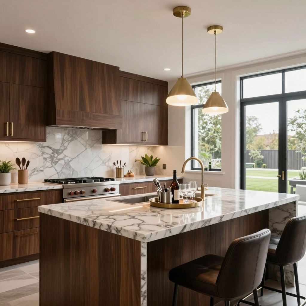 Kitchen island centerpiece idea with bar tools and glassware on a tray
