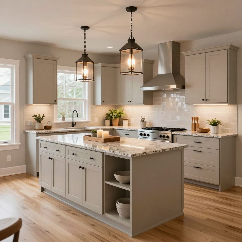 Kitchen island centerpiece idea with candles and greenery on a tray