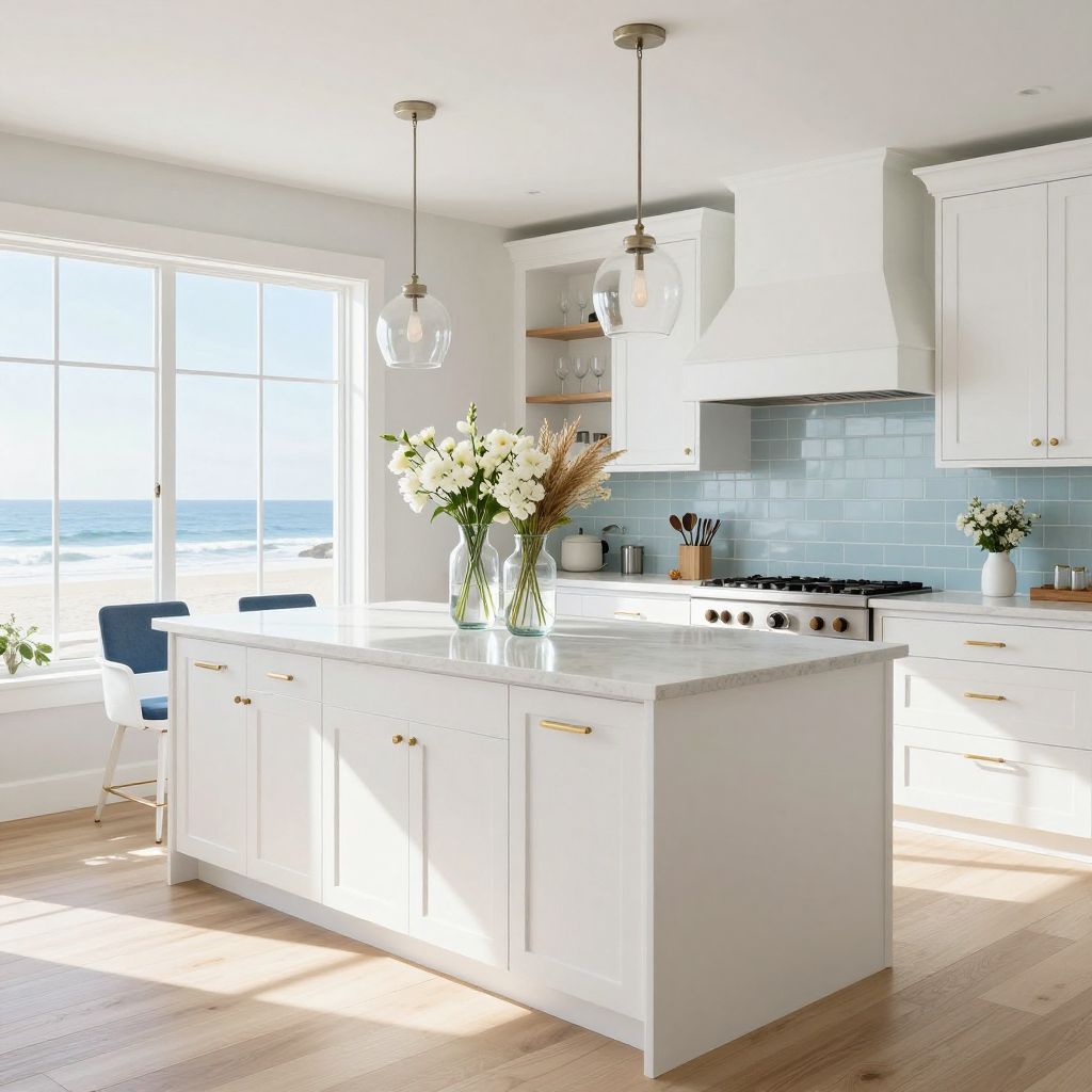 Kitchen island centerpiece idea with a cluster of glass vases
