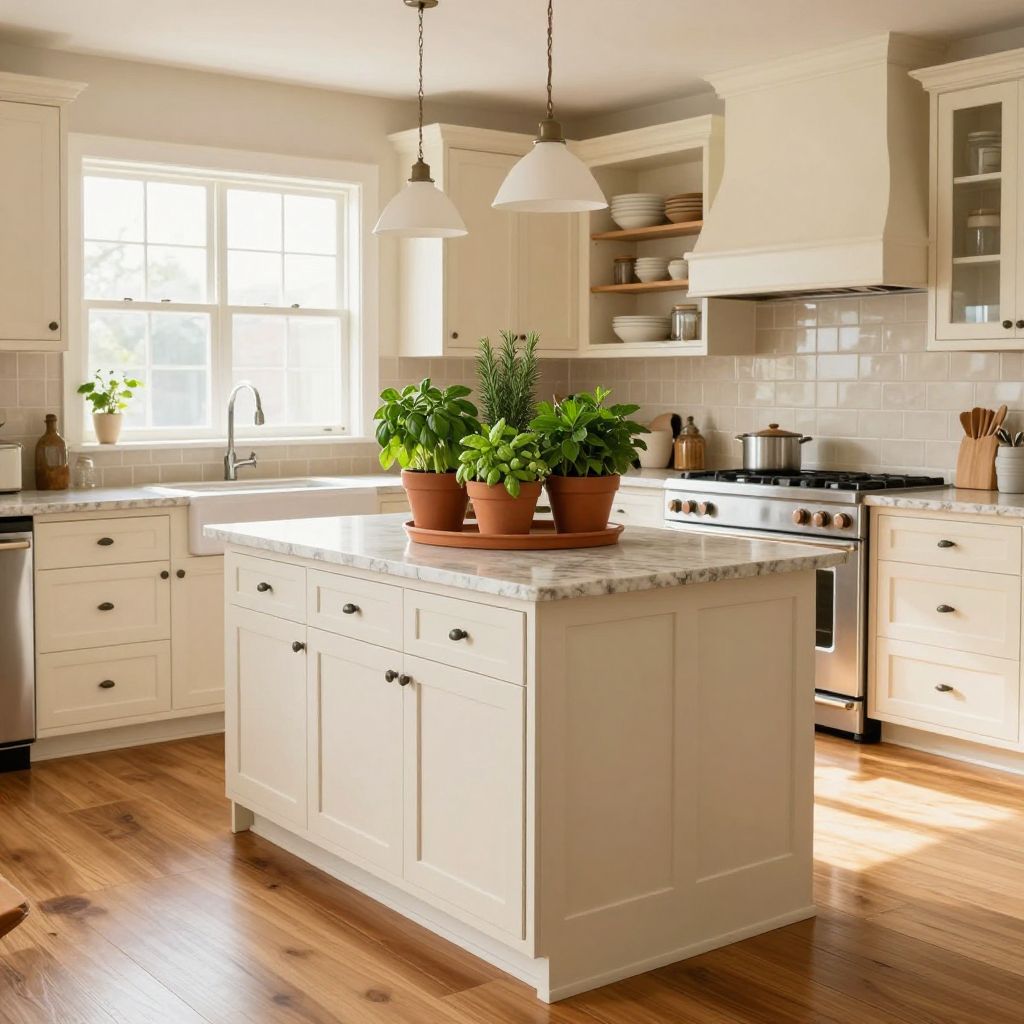 Kitchen island centerpiece idea with fresh herbs in terracotta pots