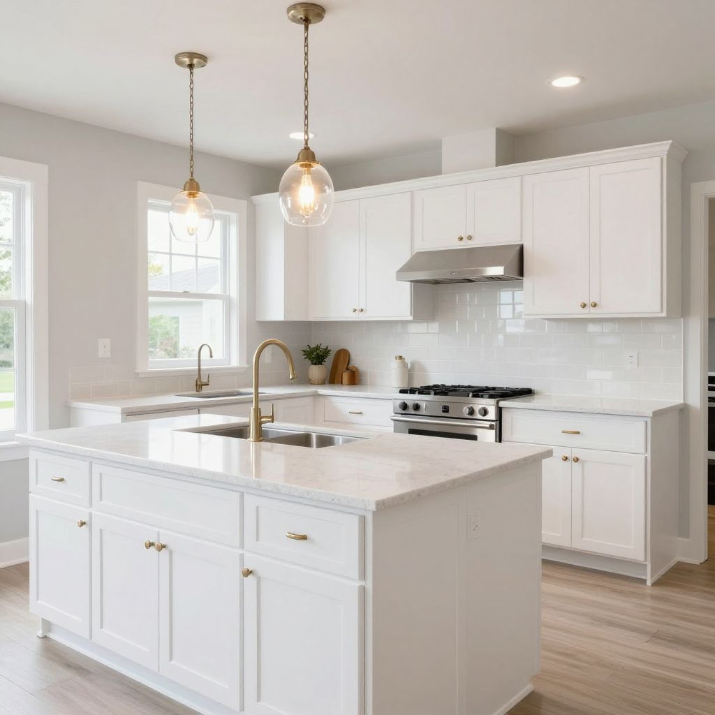 Clear glass pendants over a bright white kitchen island