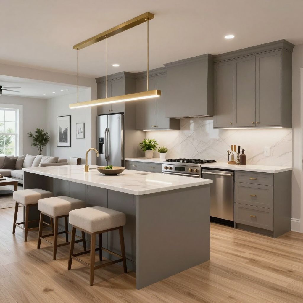 Linear pendants over a long rectangular kitchen island