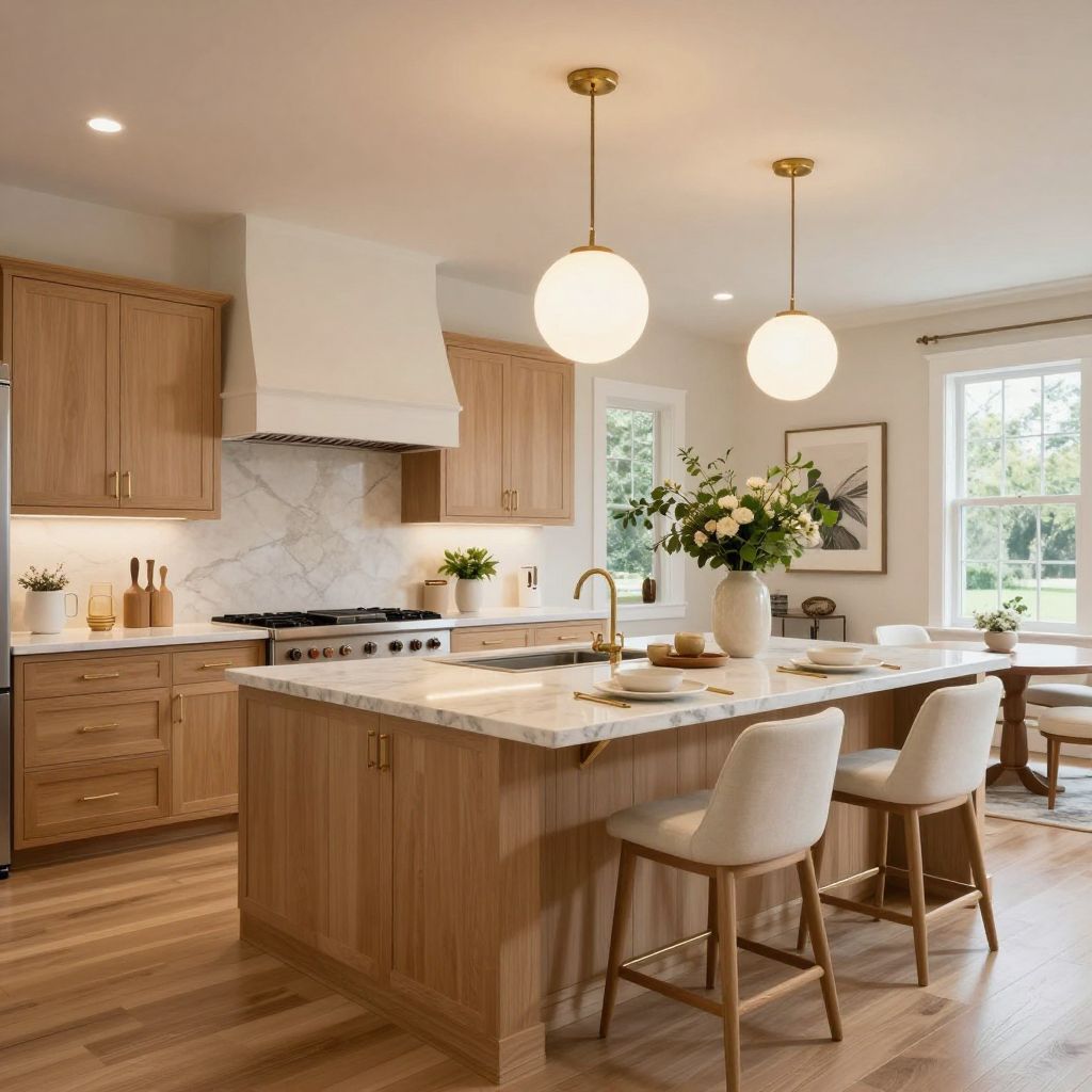 Oversized globe pendants for a soft contemporary kitchen island