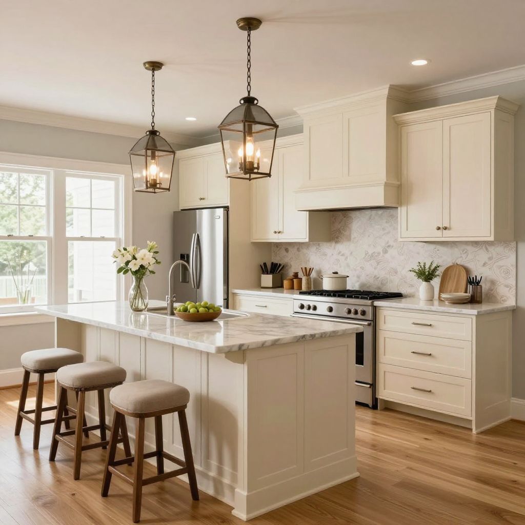 Mixed metal pendants in a transitional kitchen