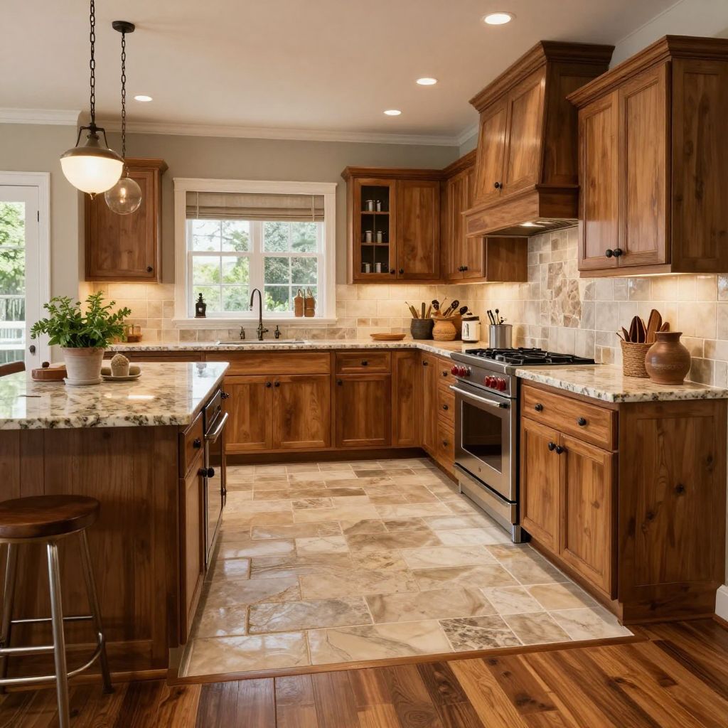 kitchen tile to wood floor transition ideas - natural stone medallion transition