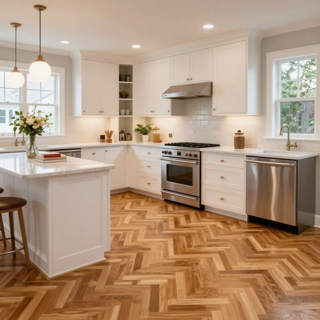 kitchen tile to wood floor transition ideas - matching wood inlay pattern