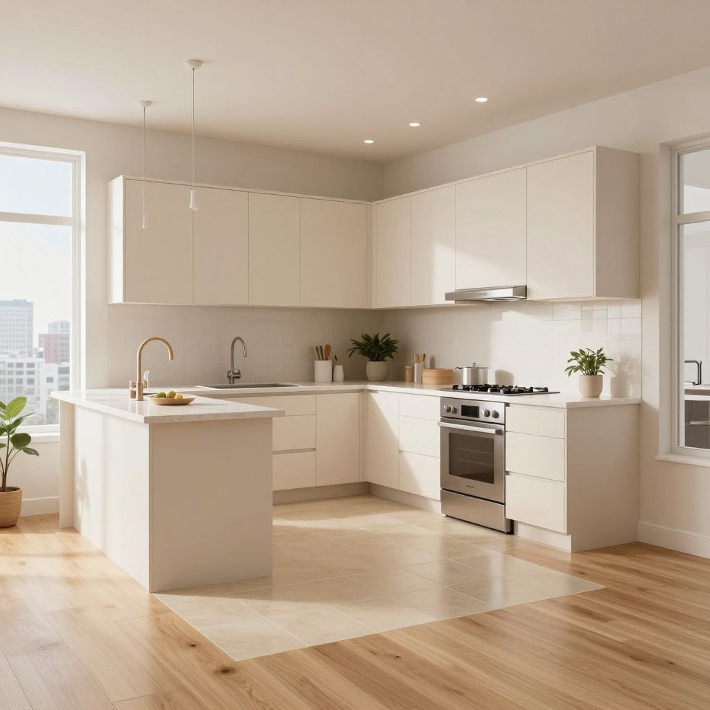 kitchen tile to wood floor transition ideas - soft tone on tone blend