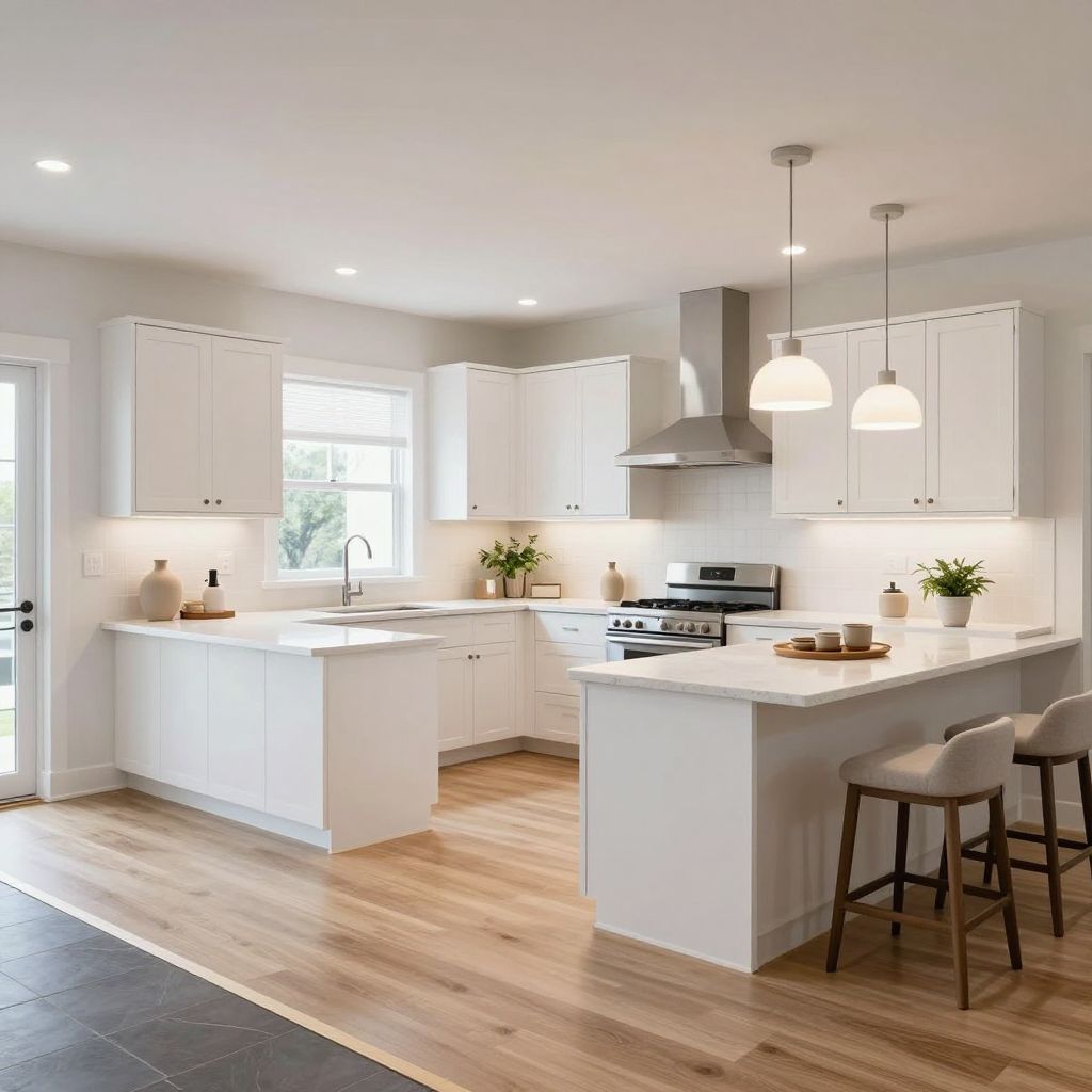 kitchen tile to wood floor transition ideas - wide contrast border