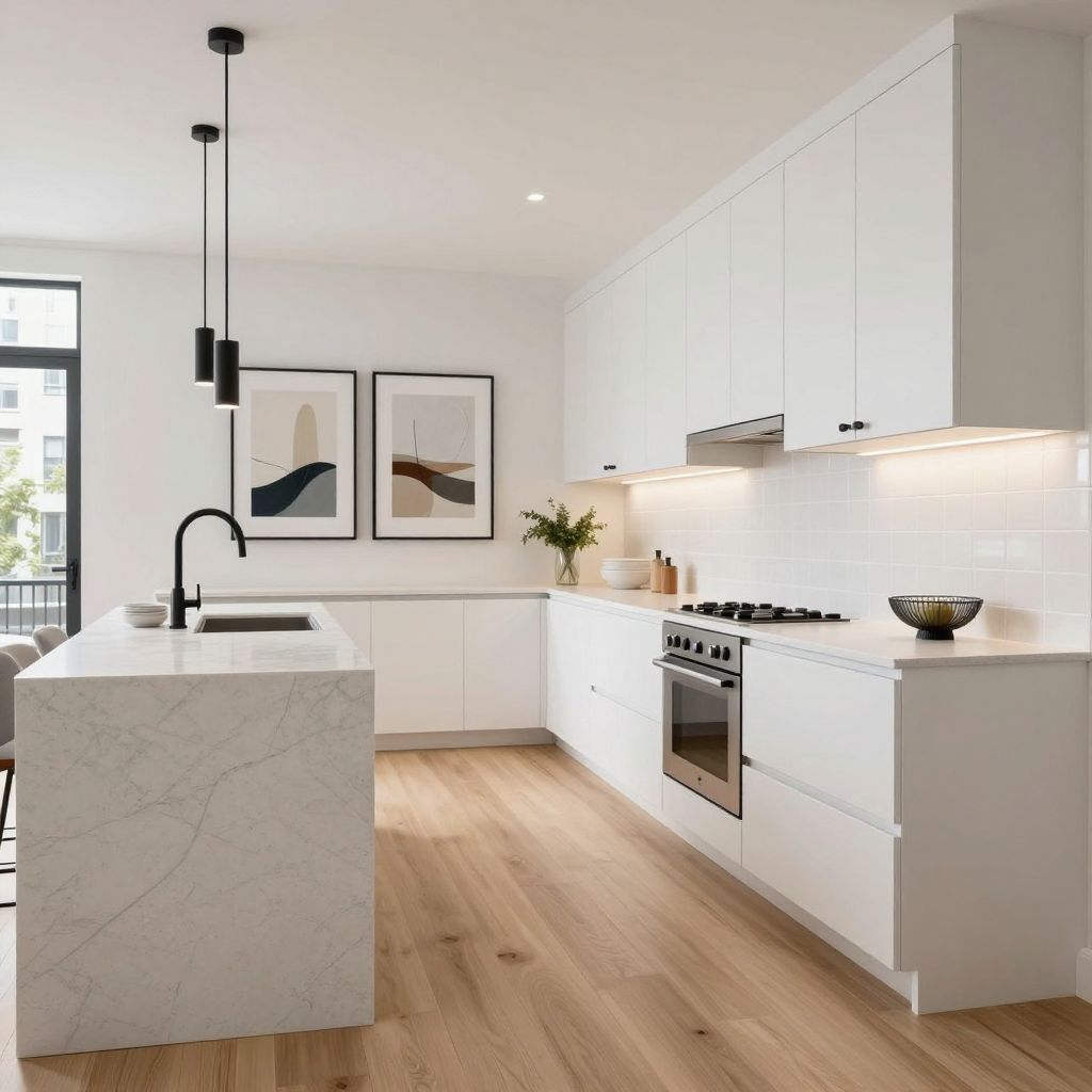 Sleek framed art over clean cabinetry