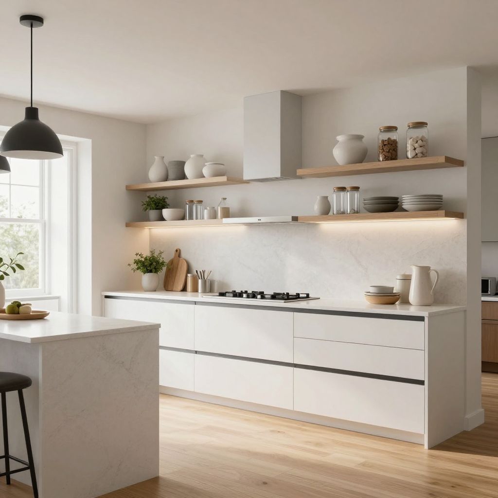 Open shelves with tonal ceramics