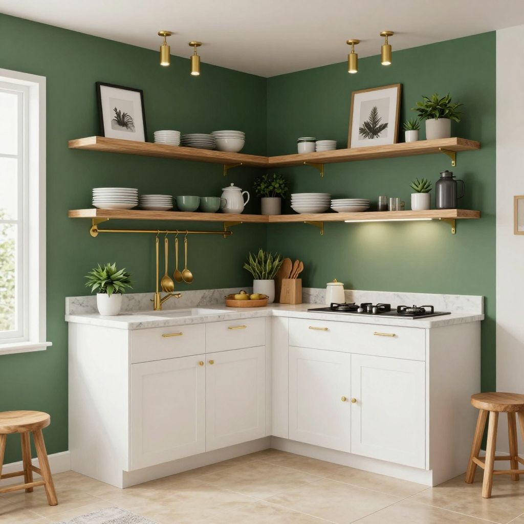 Painted wall with floating shelves kitchen idea