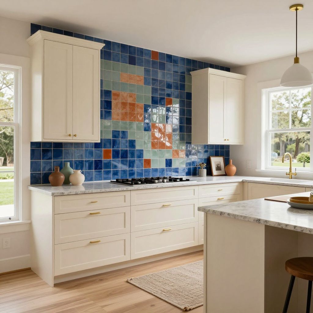 Bold tile mural kitchen statement wall