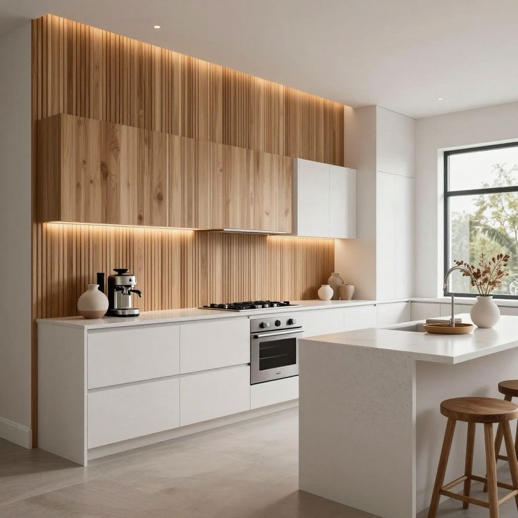 Warm wood slat kitchen wall idea