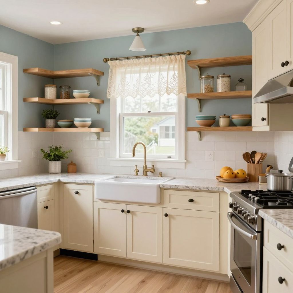 Layered Window Styling With Curtains and Open Shelves