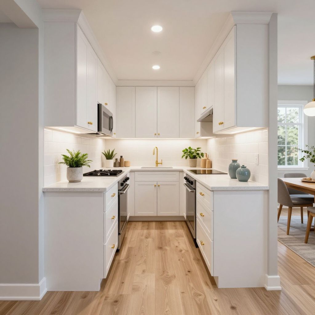 Bright Galley Layout With Soft White Cabinets
