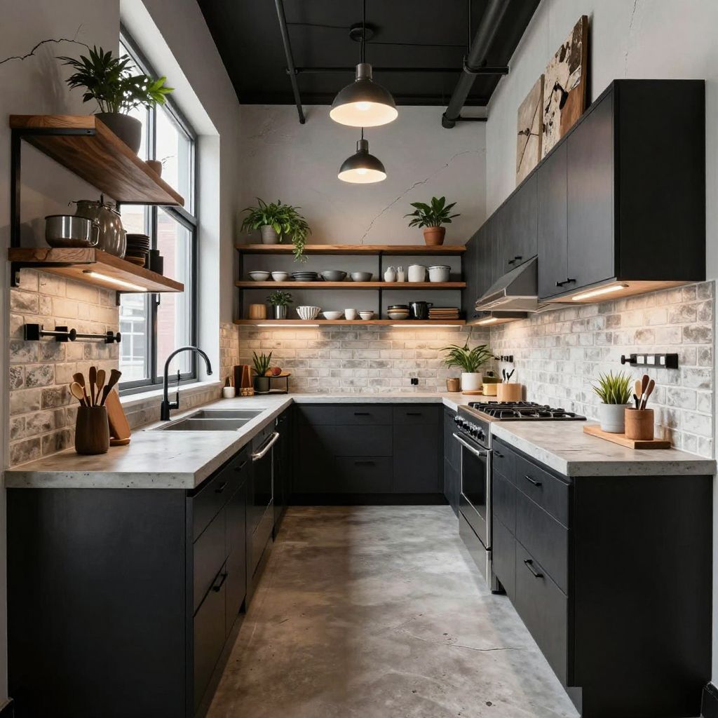 Industrial Narrow Kitchen With Metal Accents