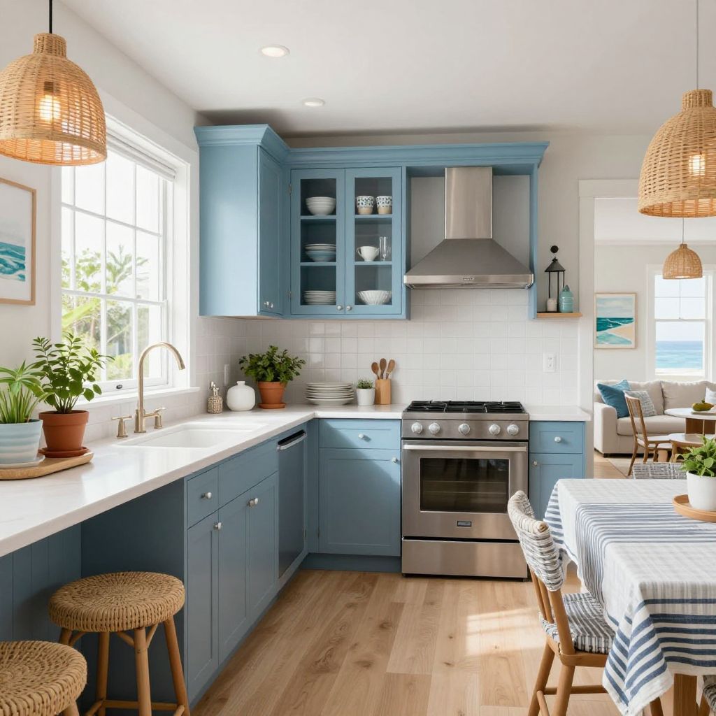 Coastal Narrow Kitchen In Soft Sand And Blue