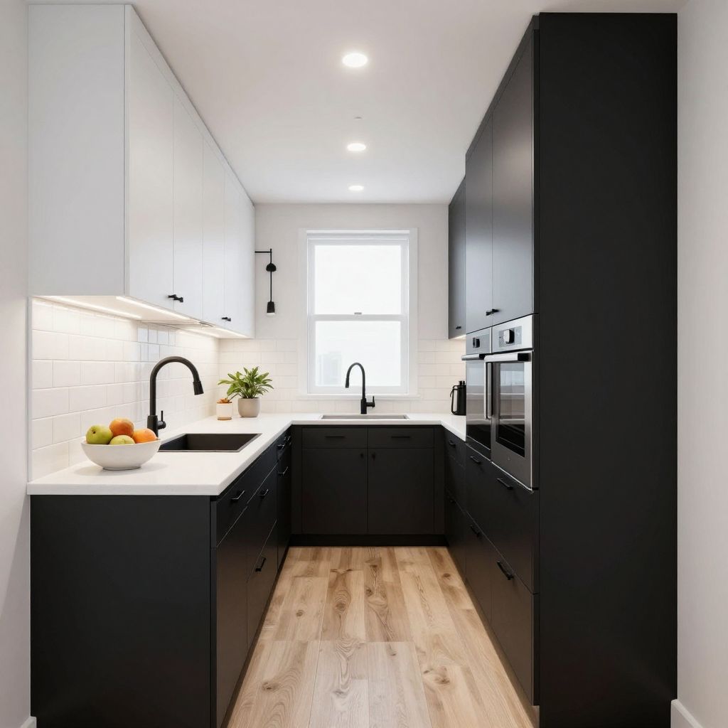 Black And White Narrow Kitchen With Strong Contrast