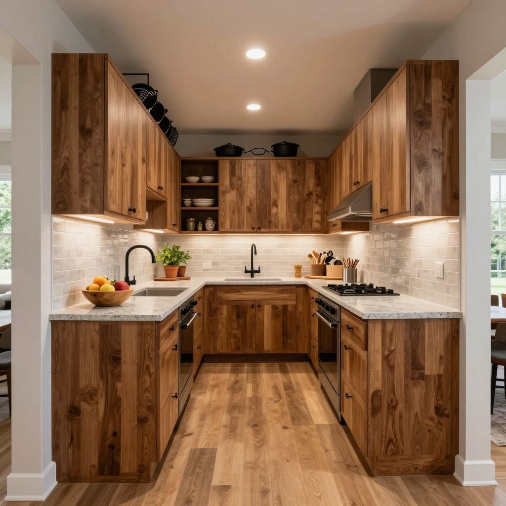 Warm Wood Cabinets With A Slim Central Walkway