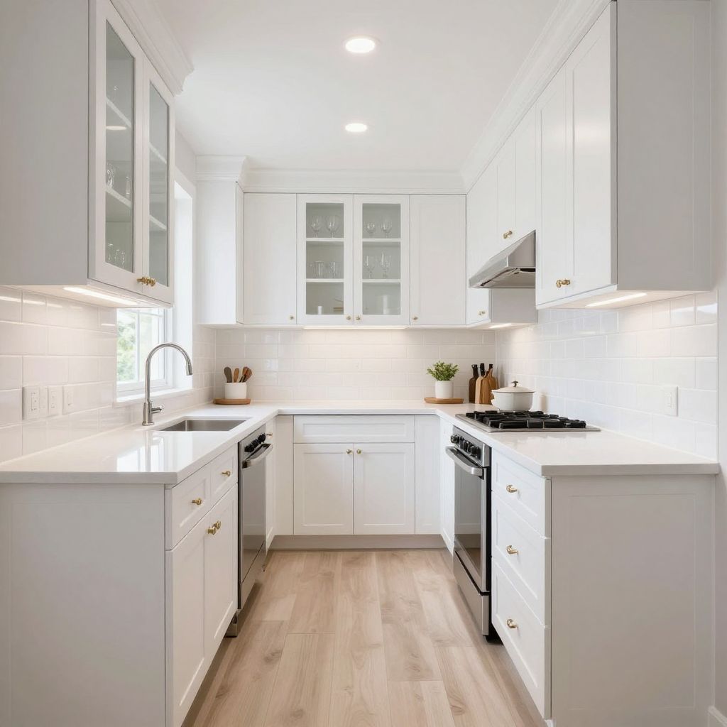 All White Kitchen With Glass Front Upper Cabinets