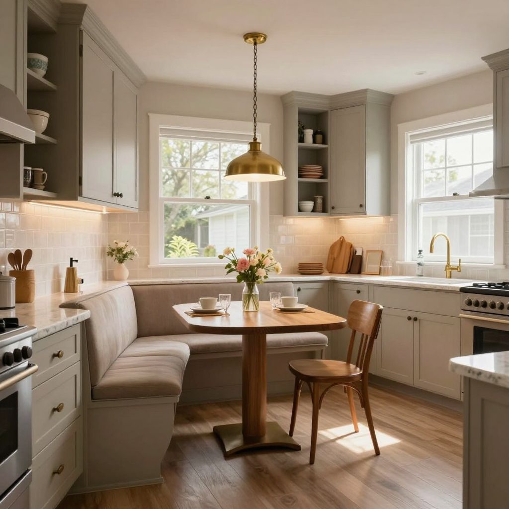 Narrow Kitchen With A Built In Banquette End