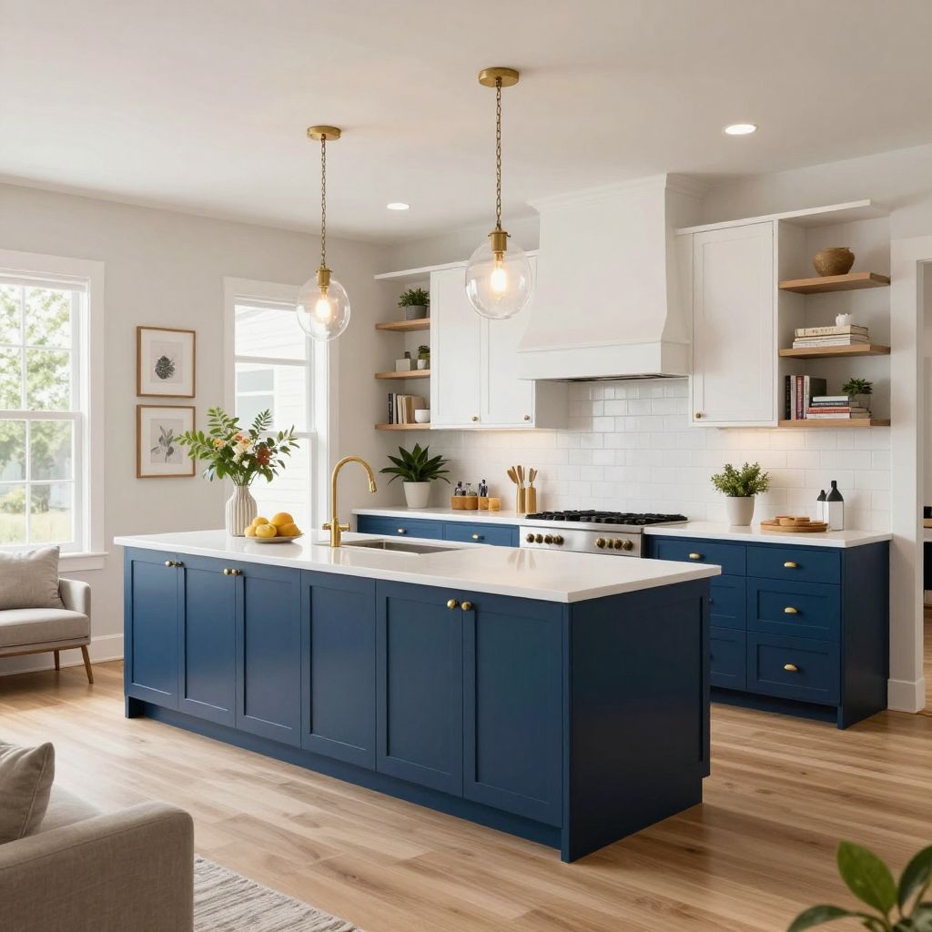 Bold Blue Kitchen With Balanced Living Space