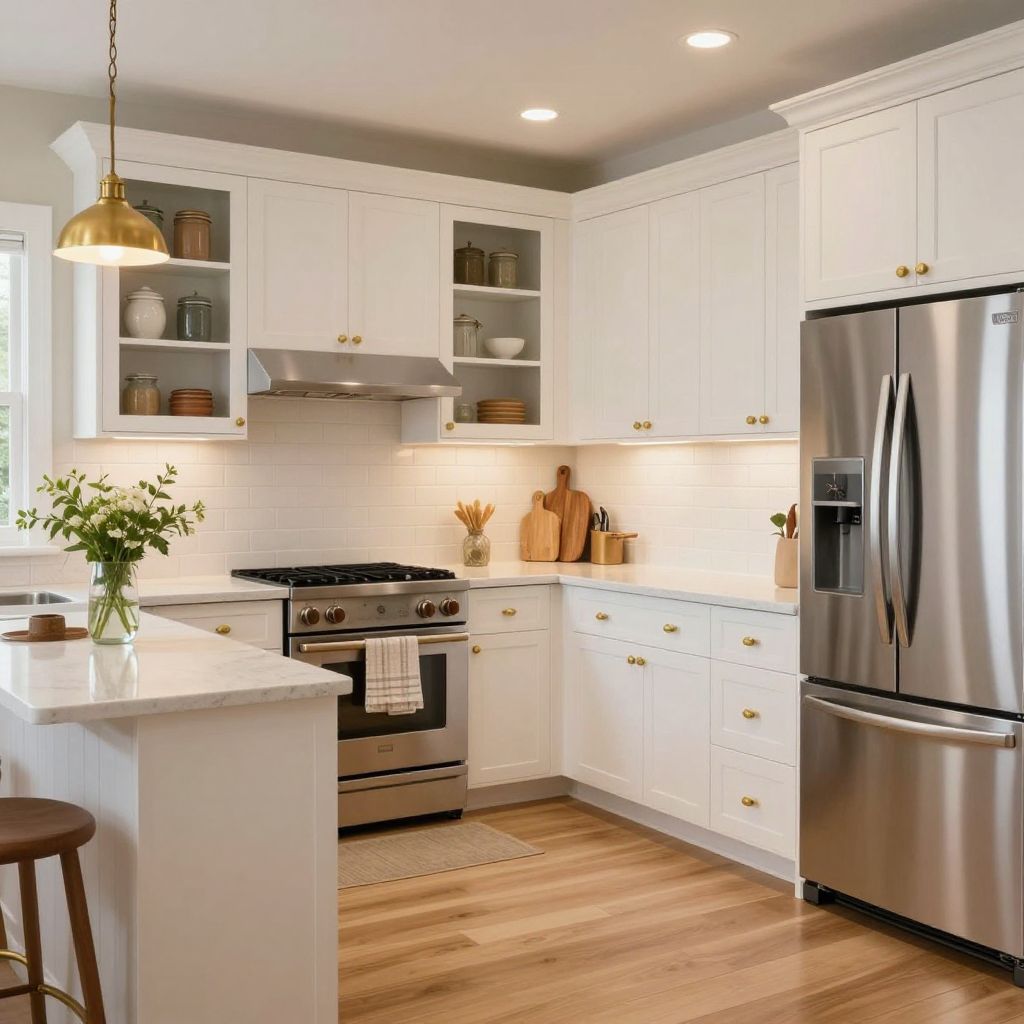 Soft white painted kitchen cabinets with warm brass hardware