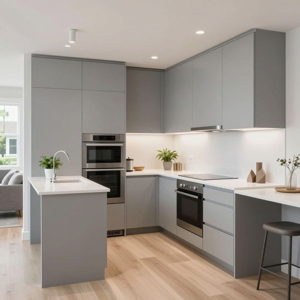 Pale gray painted kitchen cabinets with a minimalist look
