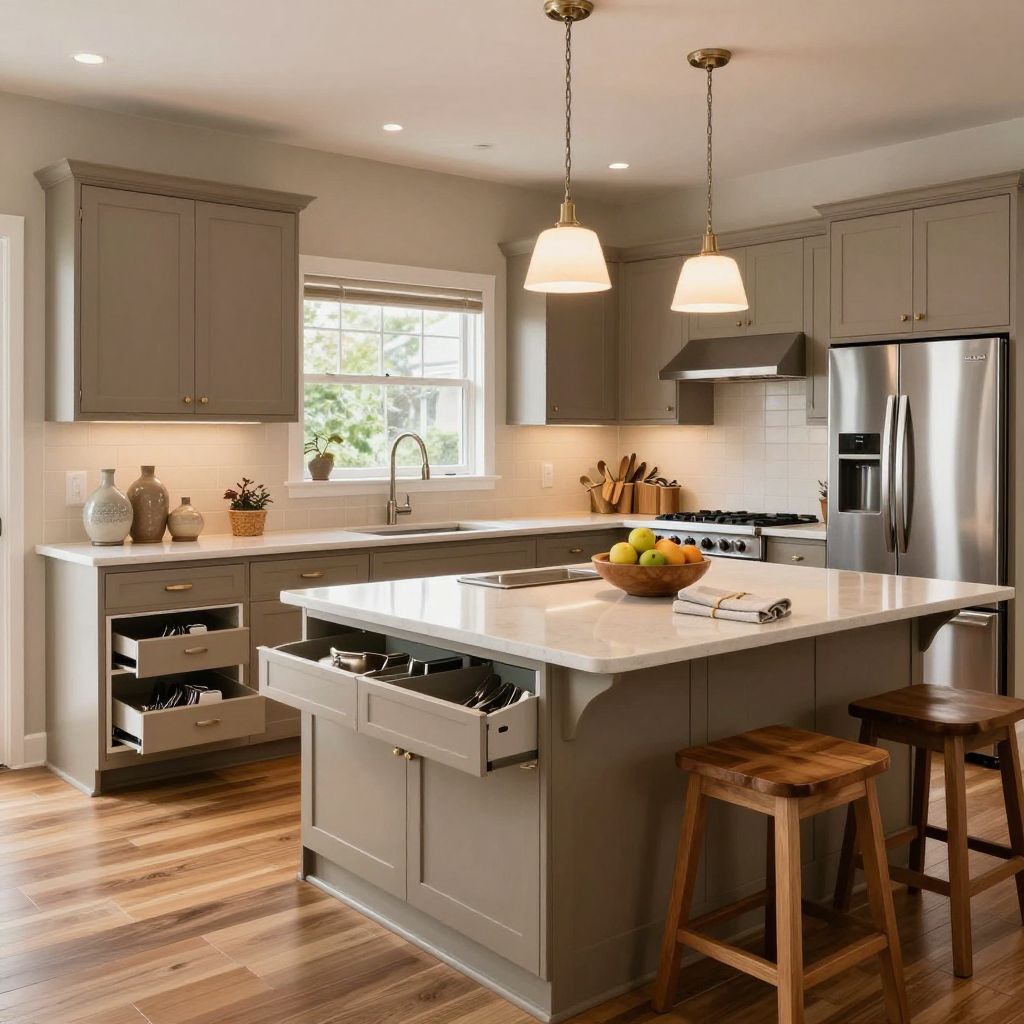 Warm taupe painted kitchen cabinets with a soft luxe feel