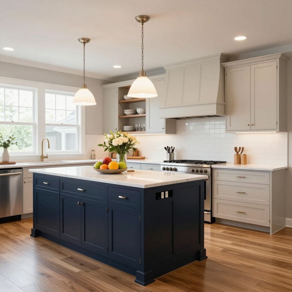 Two tone painted kitchen cabinets with dark island and light perimeter