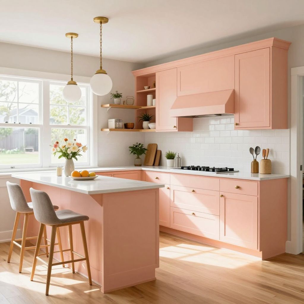 Soft peach painted kitchen cabinets for a cheerful twist