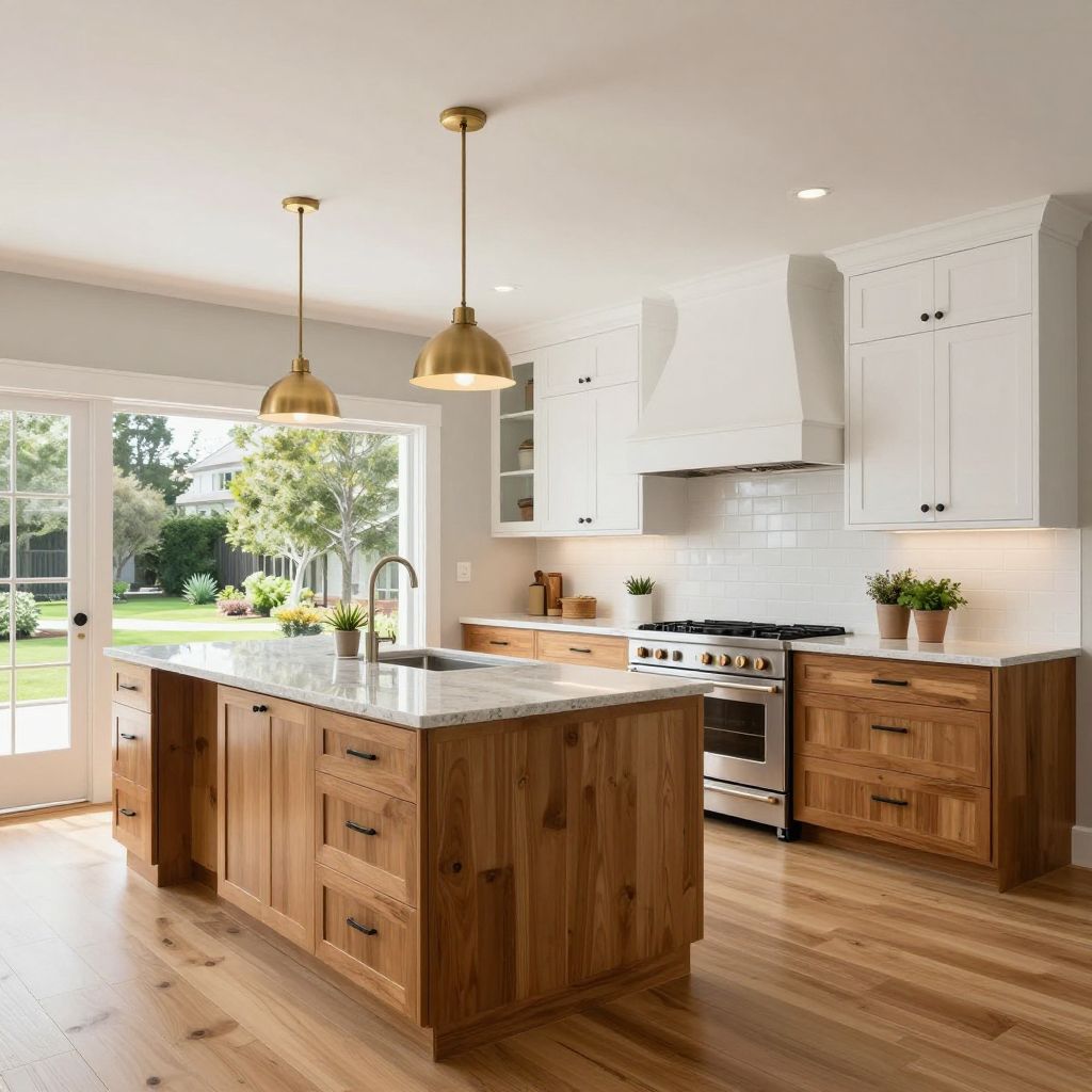 Two tone painted kitchen cabinets with natural wood and painted uppers