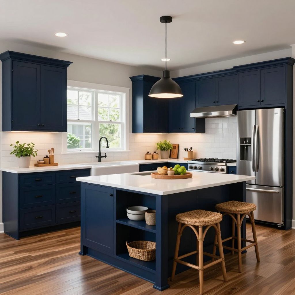 Deep navy painted kitchen cabinets with crisp white counters