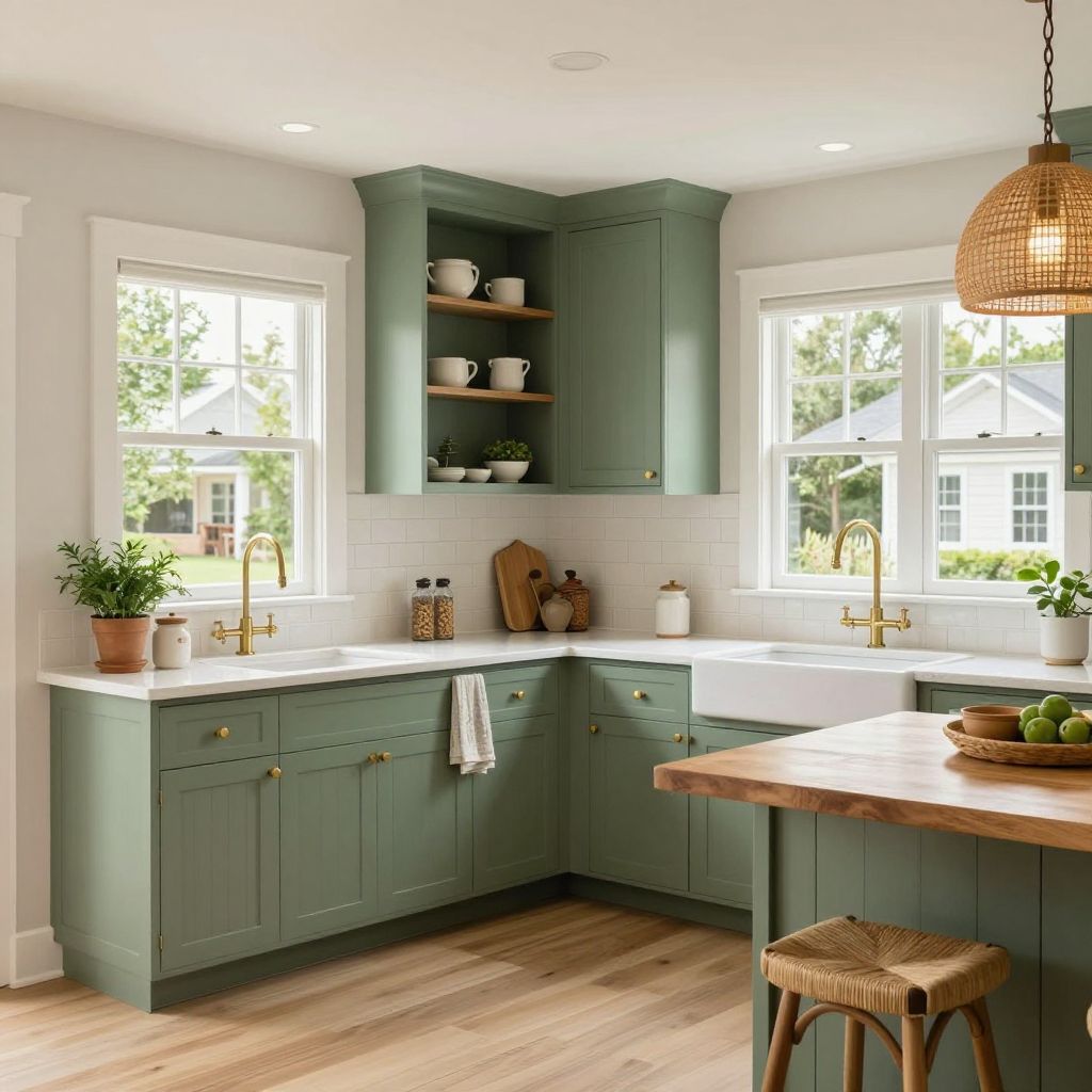 Sage green painted kitchen cabinets with natural textures