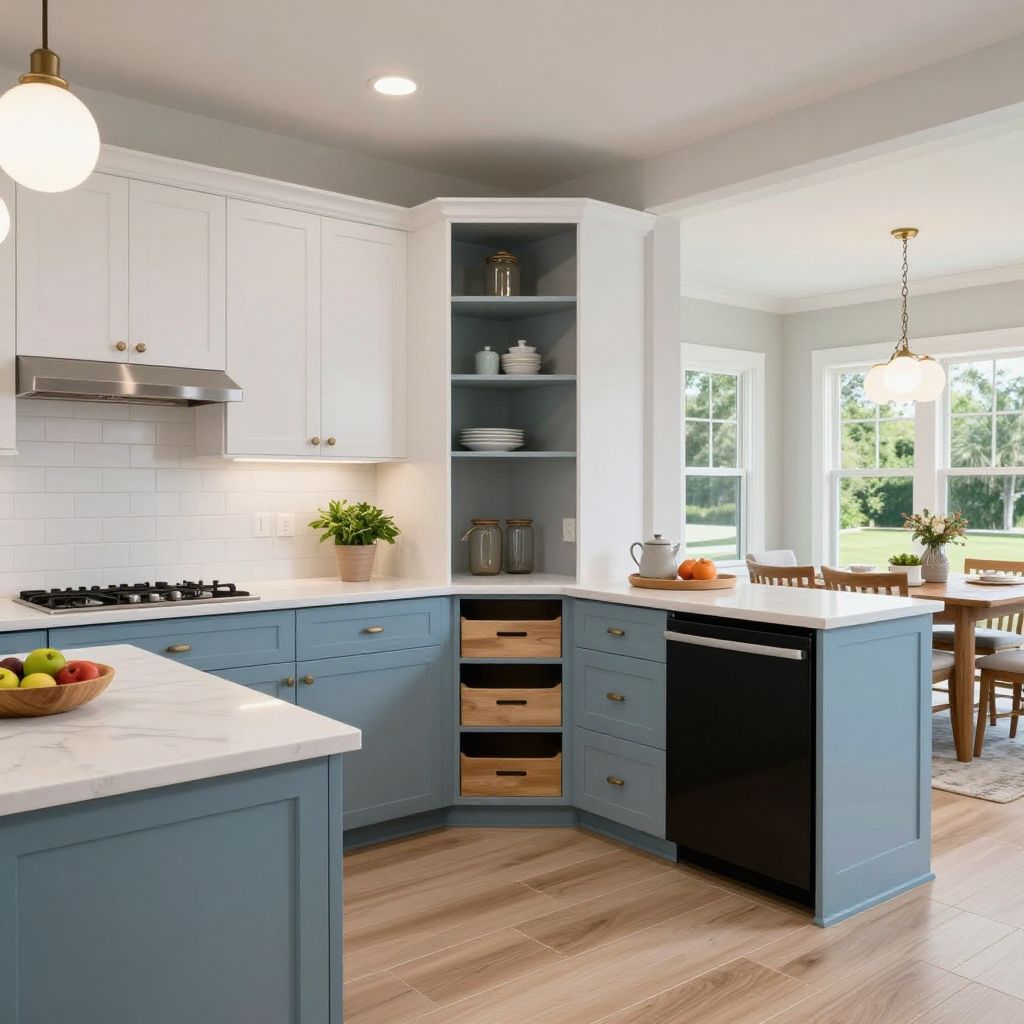 Two tone painted kitchen cabinets with white uppers and blue lowers