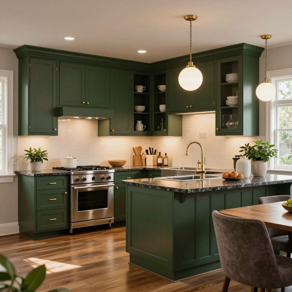 Forest green painted kitchen cabinets with rich wood accents