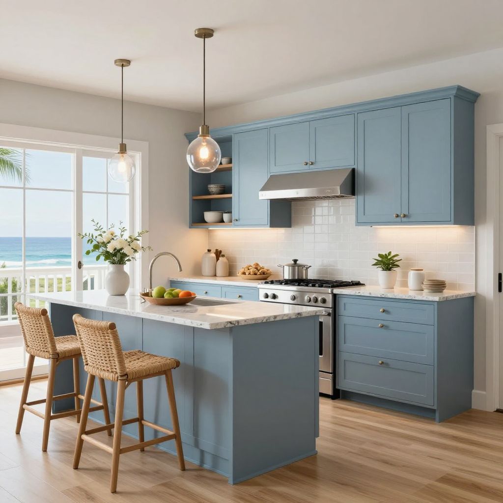 Dusty blue painted kitchen cabinets with coastal ease