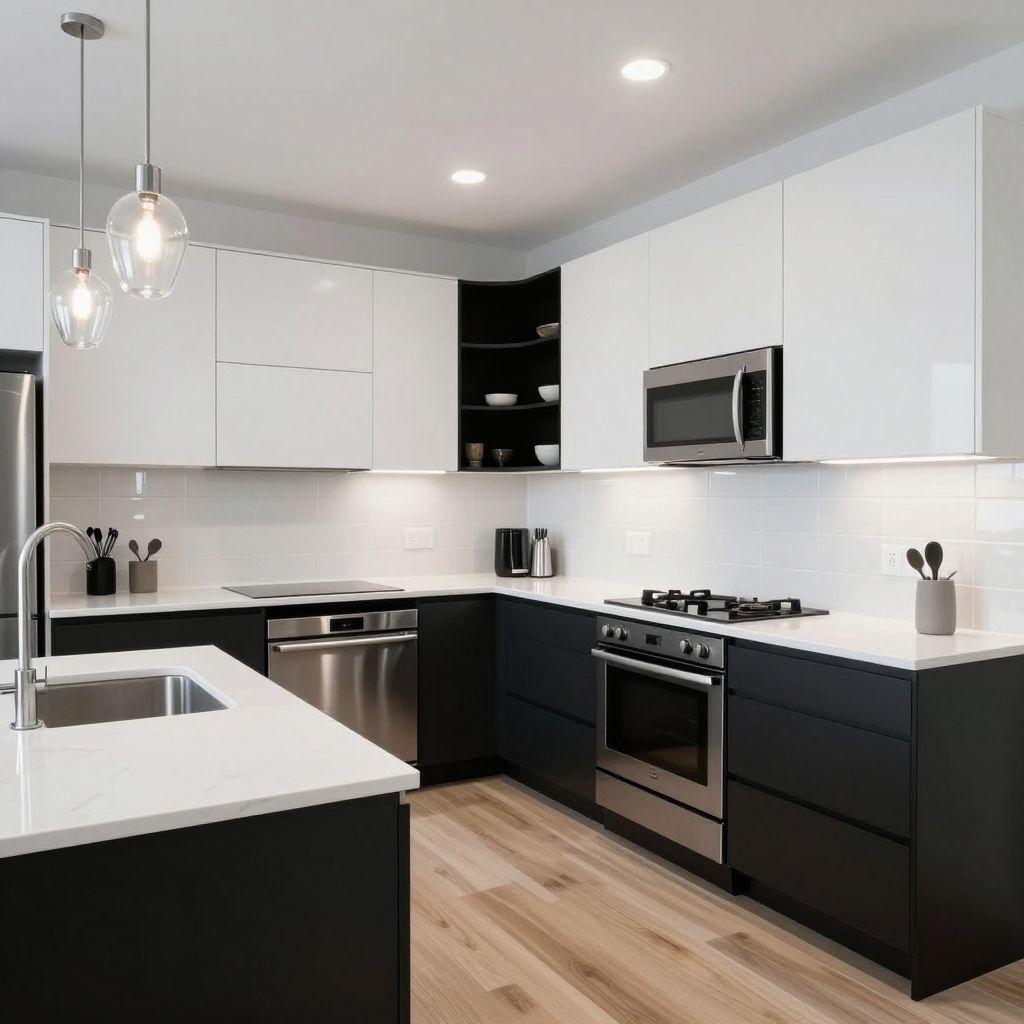 Modern black and white u shaped kitchen