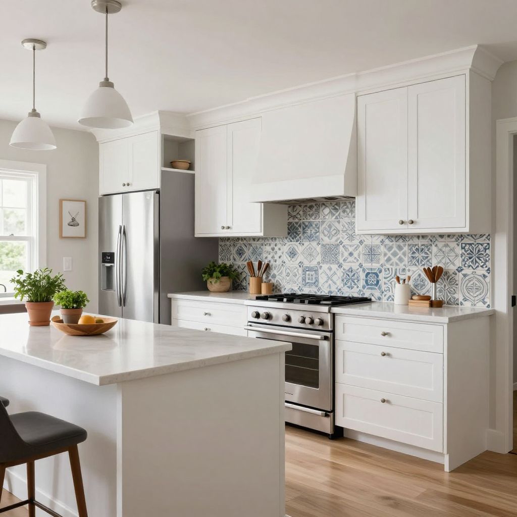 Patterned ceramic tile for personality with white cabinets