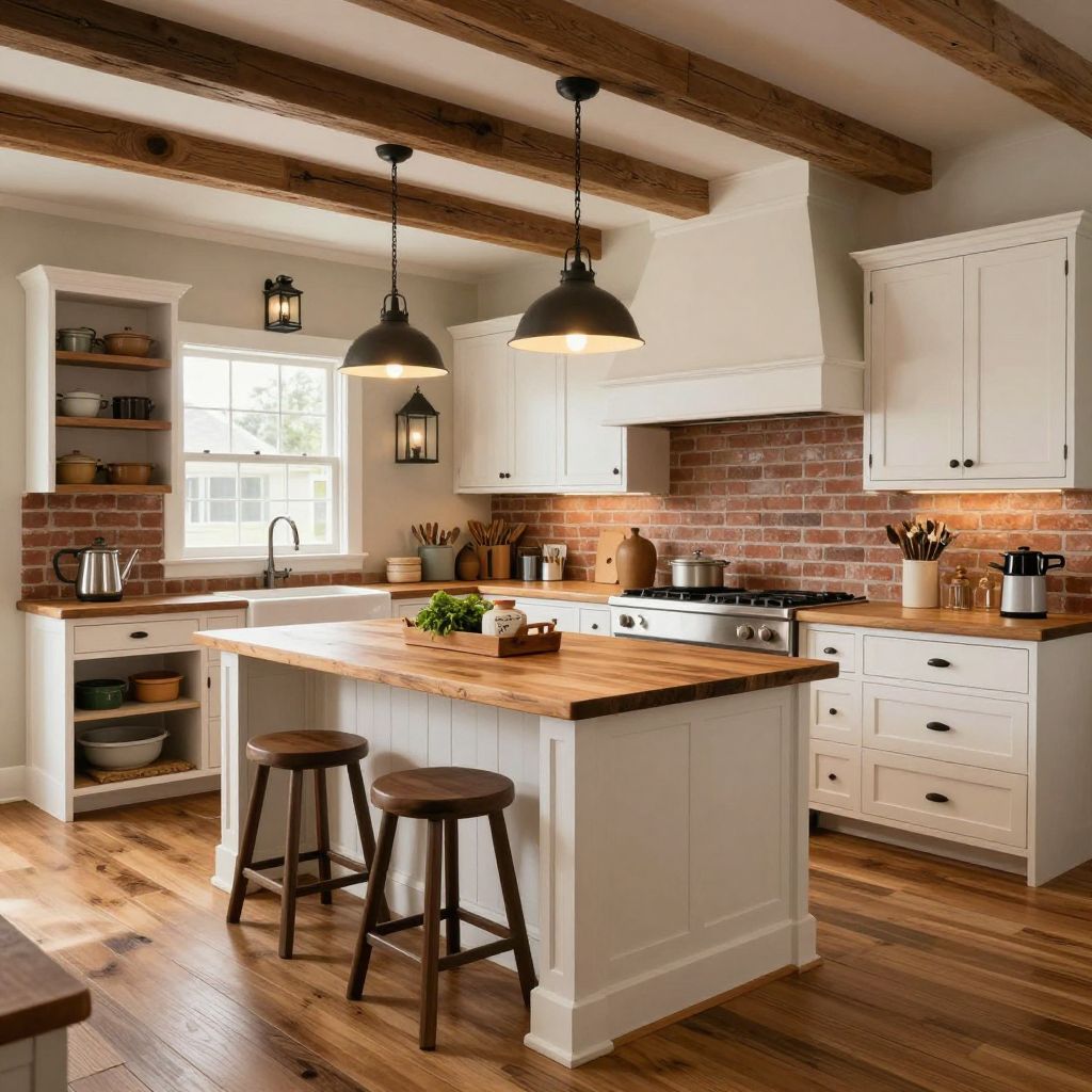 Brick veneer backsplash for rustic warmth with white cabinets