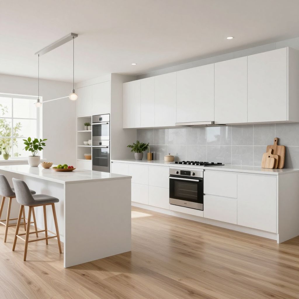 Large format tile for a clean architectural feel with white cabinets