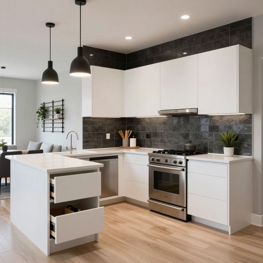 Dark charcoal tile backsplash for bold contrast with white cabinets