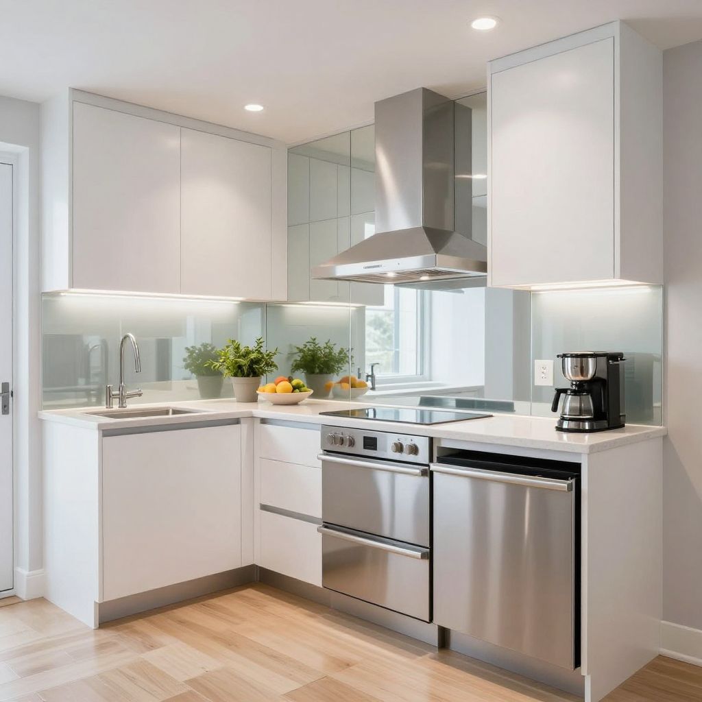 Mirrored or glass backsplash for extra light with white cabinets